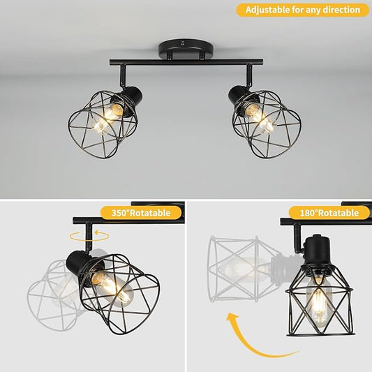 WILON Industrial Track Lighting Fixtures Ceiling, 2 Light Kitchen Ceiling Light Rotatable Spotlight Fixtrues E26 Base Wall Light Fixture, Black Flush Mount Light for Kitchen Hallway Entryway
