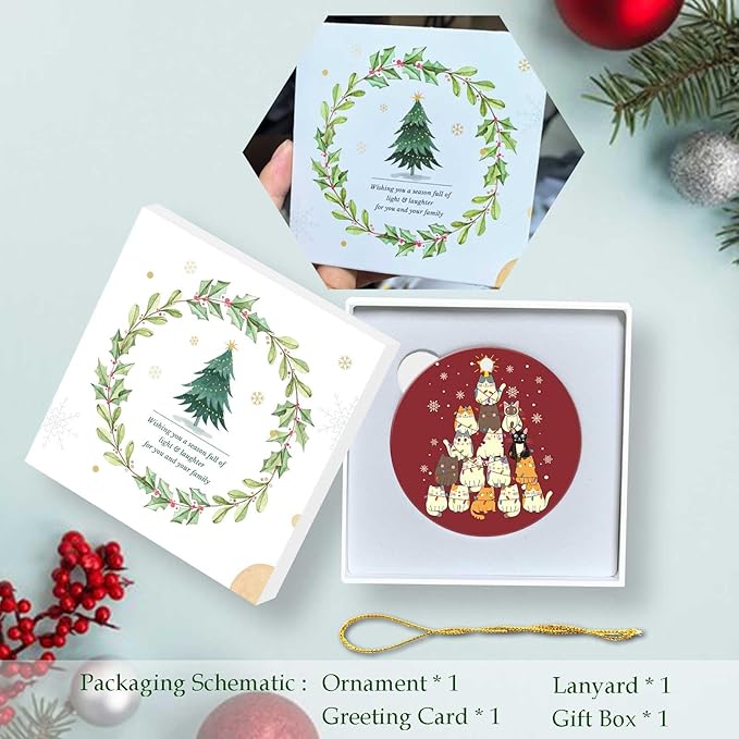 Cats Christmas Tree Ornament Round Ceramic Ornament Xmas Keepsake for Christmas Tree Winter Holiday Xmas Gift for Women Men Xmas Hanging Ornament 3"