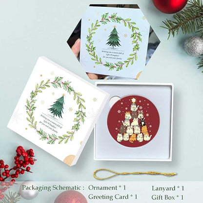 Cats Christmas Tree Ornament Round Ceramic Ornament Xmas Keepsake for Christmas Tree Winter Holiday Xmas Gift for Women Men Xmas Hanging Ornament 3"