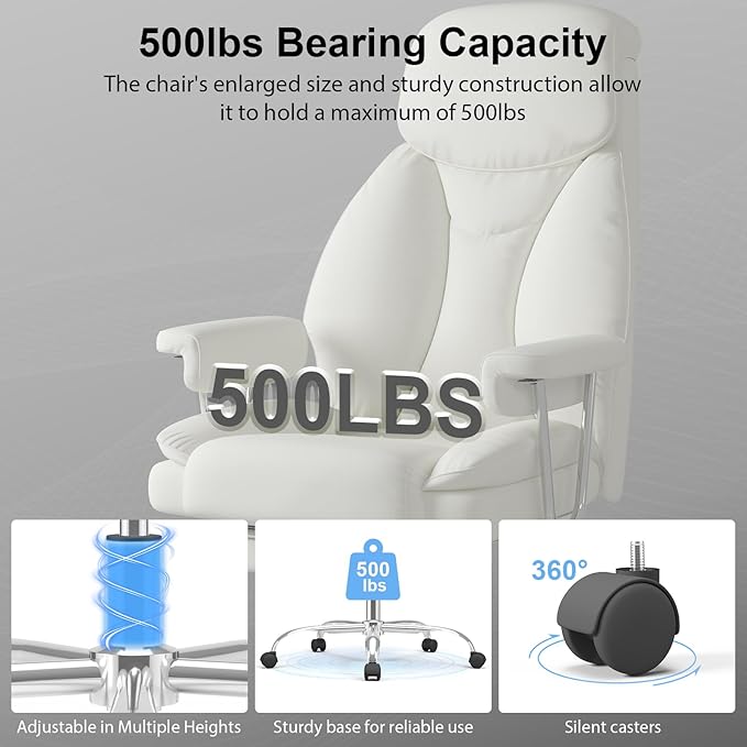 Big and Tall Office Chair, Ergonomic Leather High Back Executive Computer Desk Chair with Retractable Footrest and Padded Arms, 360°Swivel Free, 90-135°Reclining, 500lbs Wide Seat, White