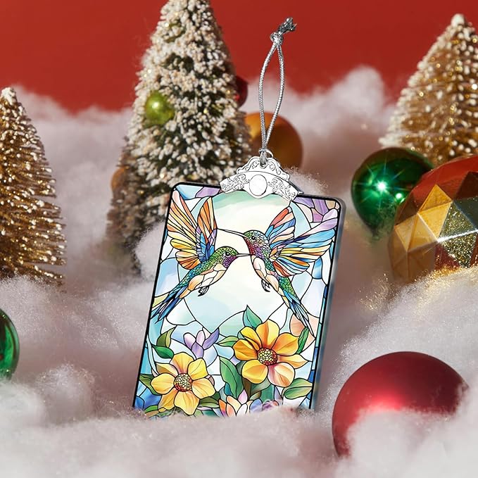 Hummingbird Stained Glass Ornament, 205 Christmas Tree Hanging Decoration for Gift Exchange or Stocking Stuffer, Holiday Decor, 3.8 x 2.4 Inch