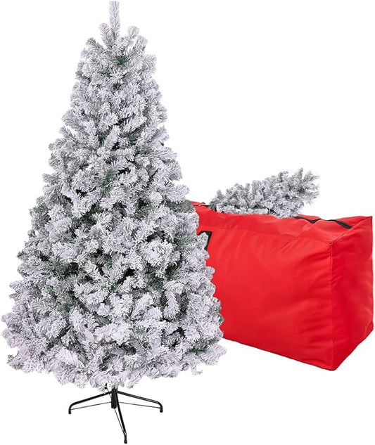 5ft Flocked Artificial Christmas Tree, Arbol de Navidad with 600 Branch Tips, Fake Christmas Tree, Premium Spruce Xmas Tree with Fold-Able Metal Base Stand