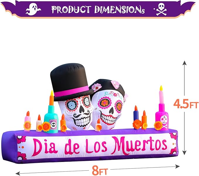 8FT Halloween Inflatable Blow Up Decorations, Dia de Los Muertos Day of Dead Catrina Skulls Altar, Built-in LEDs for Holiday Party, Garden, Lawn, Yard, Patio Décor