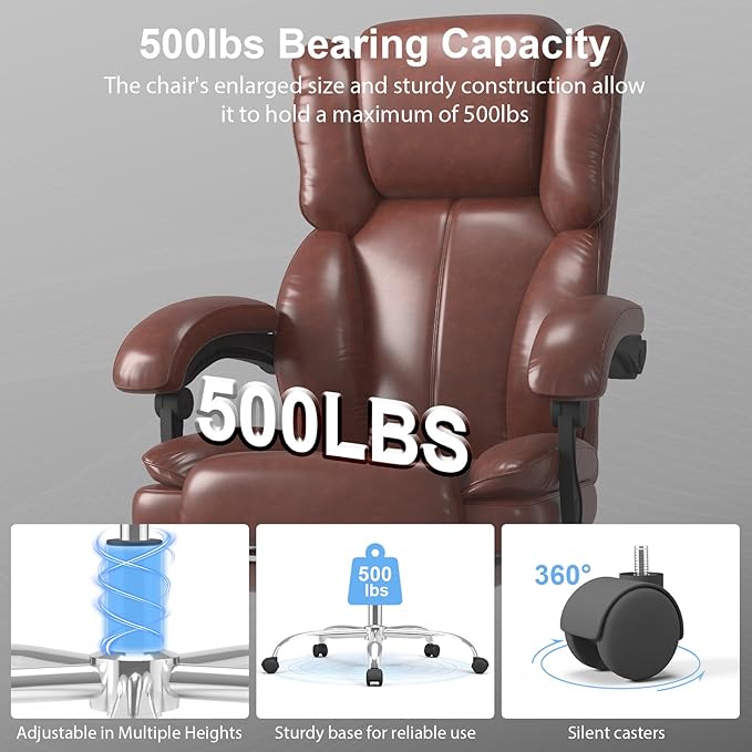Big and Tall Office Chair, Ergonomic Leather High Back Executive Computer Chair with Retractable Footrest, Adjustable Headrest, Padded Arms, 360°Swivel Free, 90-135°Reclining, 500lbs Wide Seat, Brown