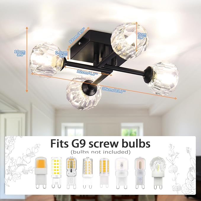 Sputnik Chandelier Black Crystal 4-Light Semi Flush Mount Ceiling Light Fixture Industrial Chandelier for Kitchen, Bedroom, Living Room, Hallway, G9 Bulb (Round Crystal Shade)