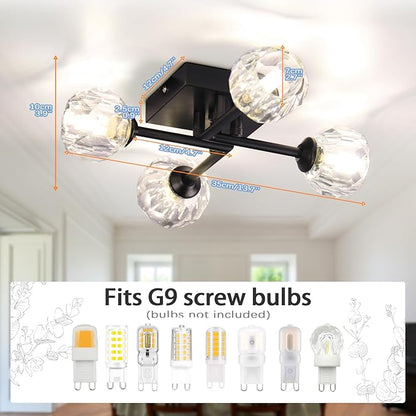 Sputnik Chandelier Black Crystal 4-Light Semi Flush Mount Ceiling Light Fixture Industrial Chandelier for Kitchen, Bedroom, Living Room, Hallway, G9 Bulb (Round Crystal Shade)
