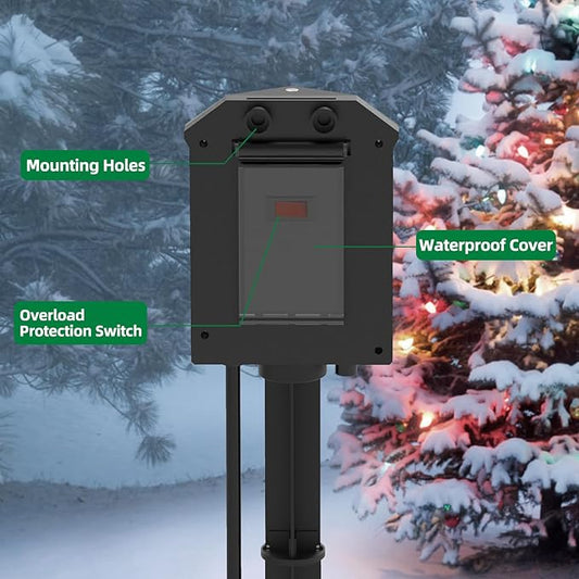 Outdoor Power Strip Weatherproof, 25 FT Extension Cord with Stake, 6 Grounded Outlets for Halloween Decorations and Inflatables, 15A/1875W, ETL Listed