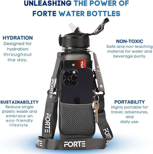 FORTE Plastic Water Bottle with Sleeve - BPA-Free Water Jug with Leak Proof Lid and Straw - Perfect for Gym, Office, and Everyday Use (Grey)
