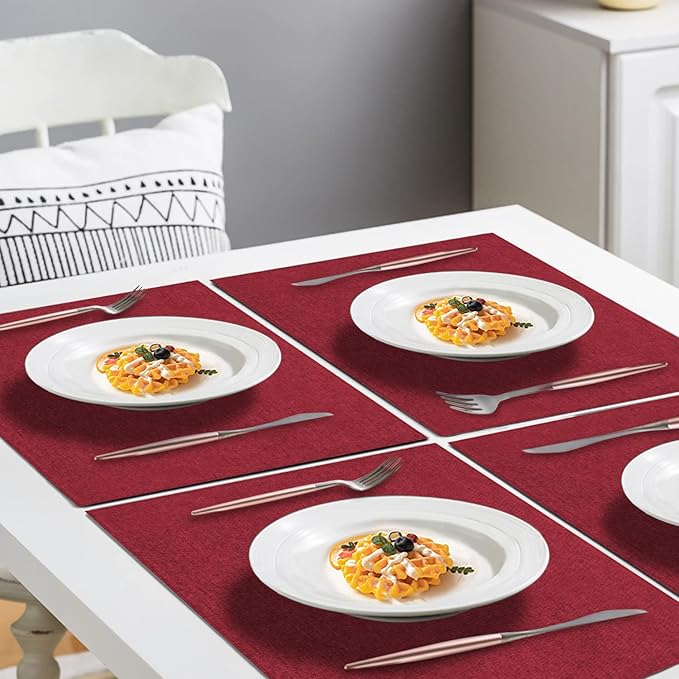 Cloth Placemats Set of 6, Cotton Linen Blend Machine Washable Durable Linen Table Mats, Heat Resistant Placemats Wrinkle Free Place Mats for Dining Table, Easy to Clean (Burgundy, 6)