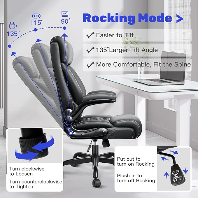 Office Chair, High Back Executive Office Chair Ergonomic Computer Desk Chair with Rocking Function, Leather Managerial with Adjustable Flip-Up Armrests and Lumbar Support