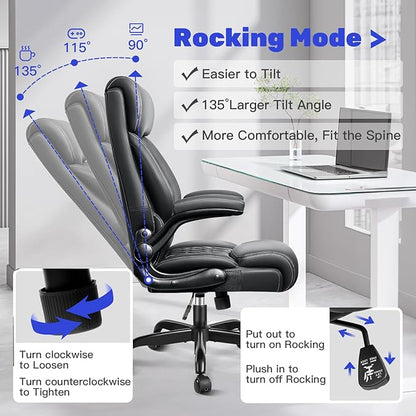 Office Chair, High Back Executive Office Chair Ergonomic Computer Desk Chair with Rocking Function, Leather Managerial with Adjustable Flip-Up Armrests and Lumbar Support