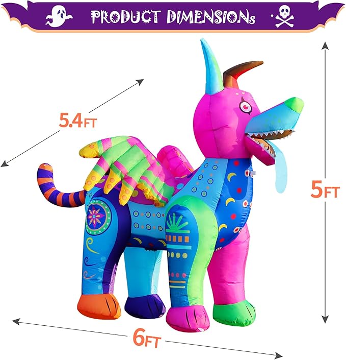 DomKom 6FT Halloween Inflatable Blow Up Decorations, Dia de Los Muertos Day of Dead Alebrije, Built-in LEDs for Holiday Party, Garden, Lawn, Yard, Patio Décor