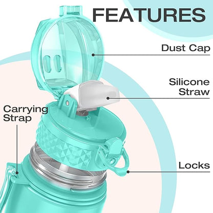 OLDLEY Kids Water Bottle for School, 25 oz (Straw Lid) BPA-Free Reusable Leak-proof Durable Tritan Plastic Water Bottles with One-handed Opening Straw Lids, Anti-dust Spout Cover (Mint Green)