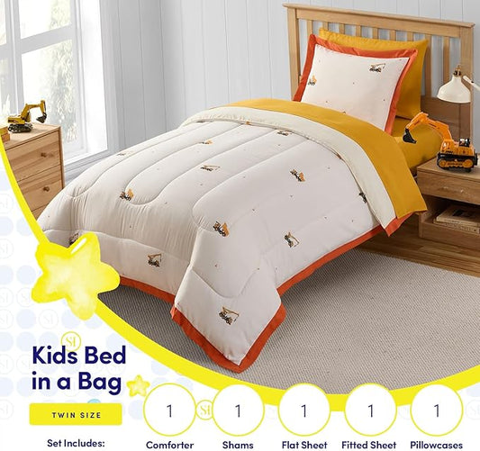 Construction Bedding Set Twin Size – Bed in a Bag with Sheets, Pillowcases & Shams – Soft Construction Bedding Comforter Set with Dump Trucks, Cranes & Bulldozers – Fun Kids Construction Bedroom Decor