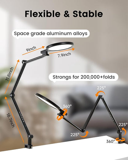 1200LM Desk Lamp with Clamp, Eye Care Desk Lights for Home Office with USB Charging Ports, Flexible Ring Light with Swing Arm for Video Conference Zoom Streaming