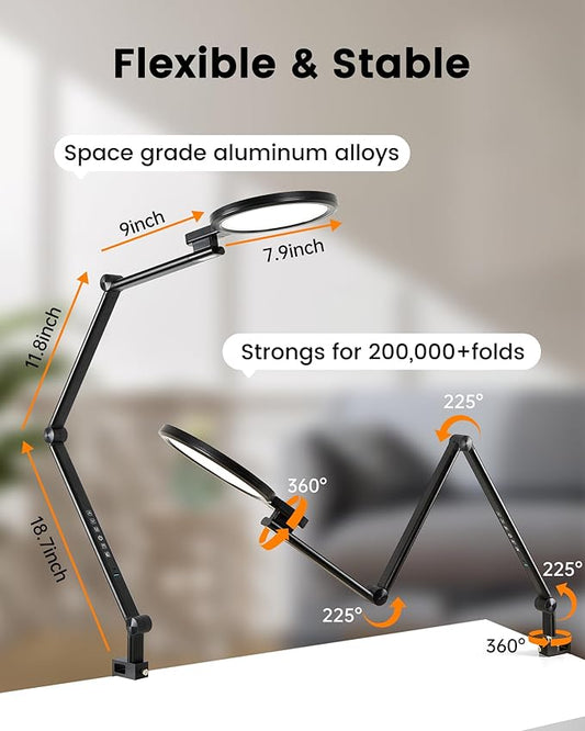 1200LM Desk Lamp with Clamp, Eye Care Desk Lights for Home Office with USB Charging Ports, Flexible Ring Light with Swing Arm for Video Conference Zoom Streaming