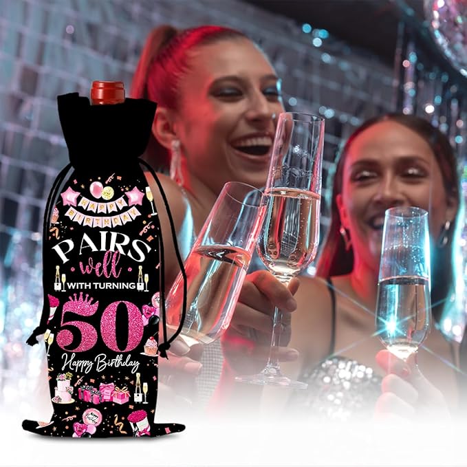 50th Birthday Gifts for Her Him Wine Bag, 50 Year Old Birthday Gifts for Women Men, 1974 Birthday Gifts for Women Men, Happy 50 Year Old Birthday Party Decorations for Women Men (Black Pink)