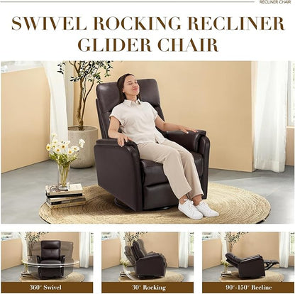 Swivel Rocking Recliner Glider Chair, Leather Reclining Rocker Chair with Footrest for Living Room, Nursery, Office, Bedroom, Ergonomic High Backrest, Wide Seat Cushion and Metal Base-Chocolate