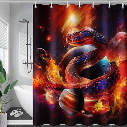 AILONEN 3D Snake Shower Curtain for Boys,Flame Fire Planet Snake Bath Curtain for Bathroom Decor,Safari Animal Polyester Waterproof for Shower, 72" W*72" H with 12 Plastic Hooks
