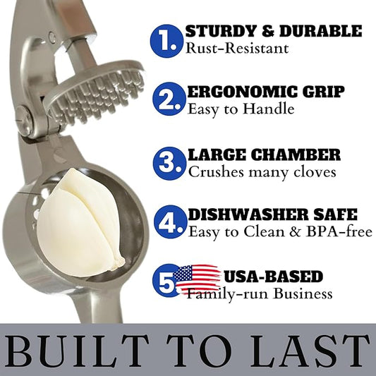 Premium Garlic Press - Easy to Squeeze and Clean, Rust Proof & Dishwasher Safe Garlic Mincer - Garlic Press Stainless Steel, Garlic Crusher, Garlic Masher - Silicone Garlic Peeler & Brush - Sliver