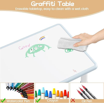 Kids Table and Chair Set, Height Adjustable Toddler Table and 4 Chairs Set for Ages 2-10, Graffiti Desktop, Non-Slip Legs, Arts & Crafts Table, Children Activity Table for Daycare Classroom Home