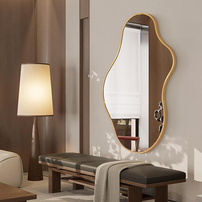 Irregular Wall Mirror - Wall Mirrors Decorative 20"x 36" Asymmetrical Abstract Mirror Aviation Aluminum Alloy Frame Unique for Bathroom, Bedroom, Living Room, Cloakroom, Entryway Gold
