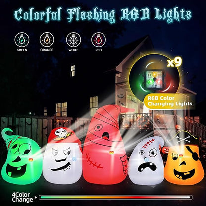 B&D 8FT Long Halloween Inflatables Ghost Outdoor Decorations, 5 Pirate Ghosts Inflatable Halloween Decorations with Color Changing RGB Lights Halloween Blow Ups for Party, Garden, Yard, Lawn Decor