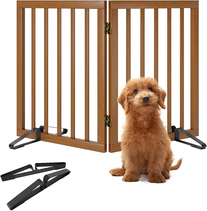 Walnut Dog Gates for Doorways, Foldable Dog Gate for Stairs, Bamboo Freestanding Pet Gate with 2 Support Feet, Puppy Fences Indoor