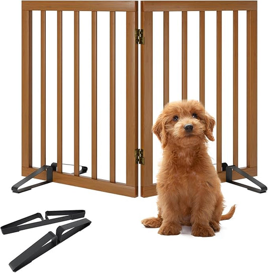 Walnut Dog Gates for Doorways, Foldable Dog Gate for Stairs, Bamboo Freestanding Pet Gate with 2 Support Feet, Puppy Fences Indoor