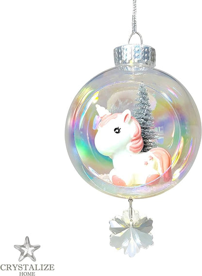 Baby Unicorn Christmas Ornament - Handmade Shatterproof Decorations for Indoor Outdoor Xmas Tree - Clear Ball Ornaments with Magnetic Crystal - Great Gift or Stocking Stuffer for Mom, Sister, Friend