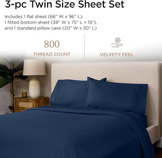 Threadmill Luxury 800 Thread Count Twin 100% Cotton Sheets - Folkstone Blue Sateen Weave Bed-Sheets, Better Than Egyptian Cotton,3 Pc Solid Soft Bedding Set, Fits 15" Deep Pocket