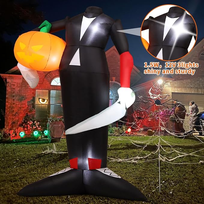 COMIN 6.6 FT Tall Halloween Inflatables Pumpkin Headless Killer Outdoor Decoration Blow Up Holding Pumpkin Inflatable with Built-in LED Lights for Halloween Party Front Door Window Garden Decor