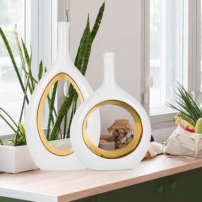 White Gold Ceramic Vase Set 2,Modern Hollow Circle with Hole Flower Vase for Home Decor,for Table Centerpieces,Farmhouse,Fire Place,Living Room,Bedroom,Office,Bookshelf,Rustic Decor