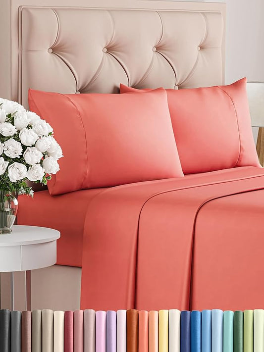 CGK Linens Twin XL 4 Piece Sheet Set - Cooling Sheets for Hot Sleepers - Hotel Luxury Bedding Set with 8-16 Inch Deep Pockets - 1 Flat & 1 Fitted & 2 Pillowcases - Soft, Comfy & Wrinkle Free - Coral