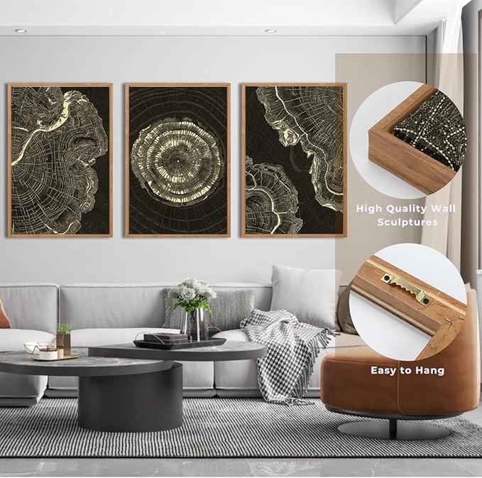 IARTTOP Tree Ring Canvas Wall Art Large Framed 24x36 Inch Black Modern Abstract Wall Decor Neutral Minimalist Wood Spiral Wall Painting for Living room Bedroom Office Set of 3