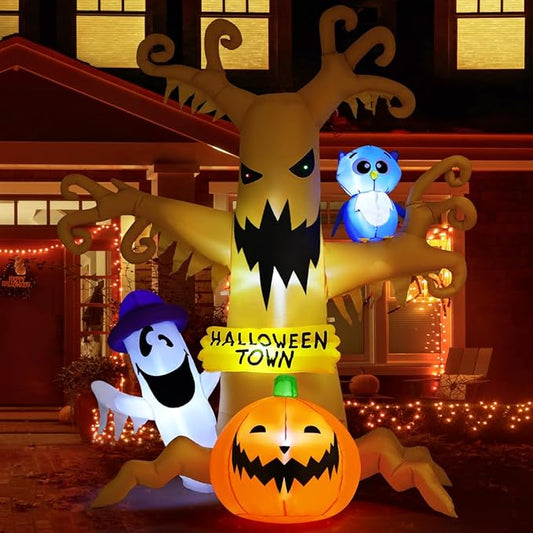 GOOSH 8 FT Halloween Inflatables Dead Tree Outdoor Decorations with Owl Ghosts and Pumpkins, Blow Up Yard Decorations with Built-in LED Lights for Outdoor Party Garden Lawn Decor