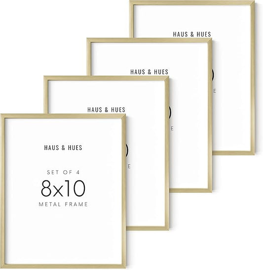 HAUS AND HUES 8x10 Gold Frames for Gallery Wall - Set of 4 8x10 Picture Frames for Wall, 8x10 Picture Frame Set of 4, Gold 8x10 Picture Frames, Bulk 8x10 Picture Frames (Gold Aluminum Frames)