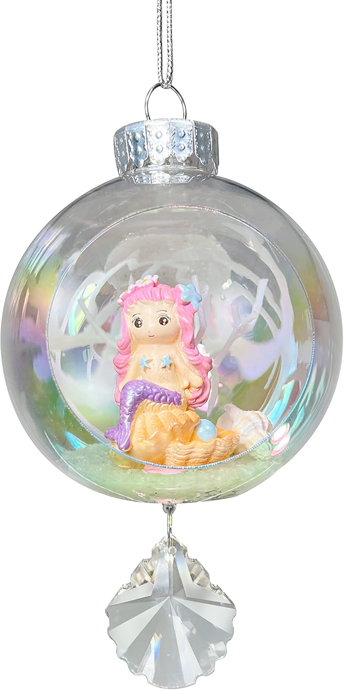 Mermaid Pink Christmas Ornament - Handmade Shatterproof Decorations for Indoor Outdoor Xmas Tree - Clear Ball Ornaments with Magnetic Crystal - Great Gift or Stocking Stuffer for Mom, Sister, Friend
