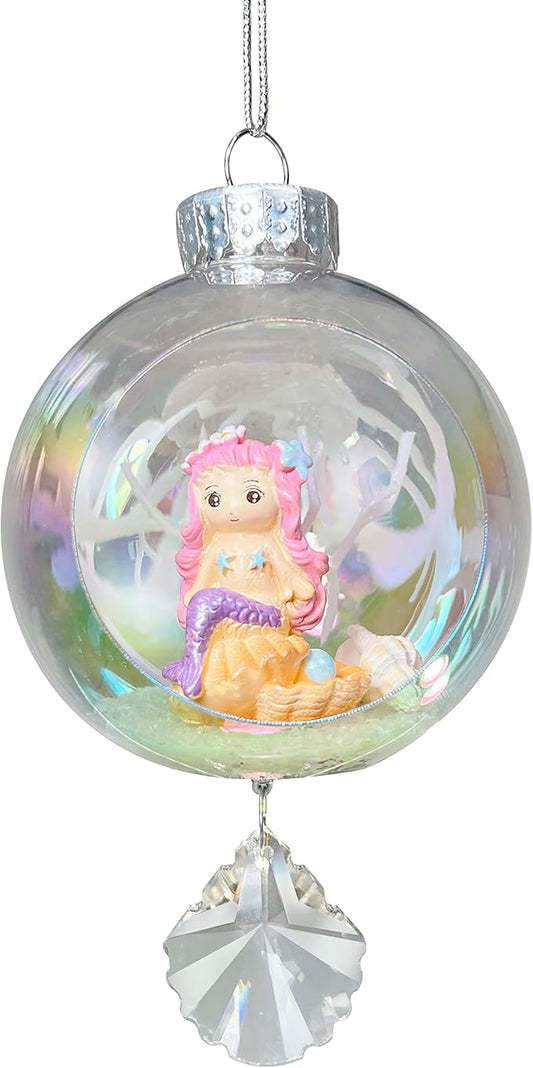 Mermaid Pink Christmas Ornament - Handmade Shatterproof Decorations for Indoor Outdoor Xmas Tree - Clear Ball Ornaments with Magnetic Crystal - Great Gift or Stocking Stuffer for Mom, Sister, Friend