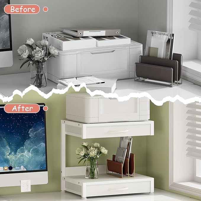 2-Tier Desktop Printer Stand with 2 Fabric Drawers, Prtiner Table with Storage Shelf, Desk Organizer for Home Office,3D Printer,Fax Machine,Scanner (White, 2 Tier)