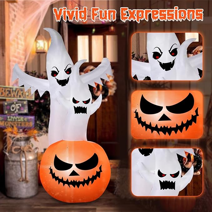 6FT Tall Halloween Inflatable Ghost&Pumpkin Inflatable Decoration with Build-in RGB Lights Blow Up Inflatables for Halloween Party, Yard, Garden, Lawn Decoration