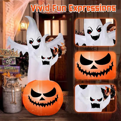 6FT Tall Halloween Inflatable Ghost&Pumpkin Inflatable Decoration with Build-in RGB Lights Blow Up Inflatables for Halloween Party, Yard, Garden, Lawn Decoration