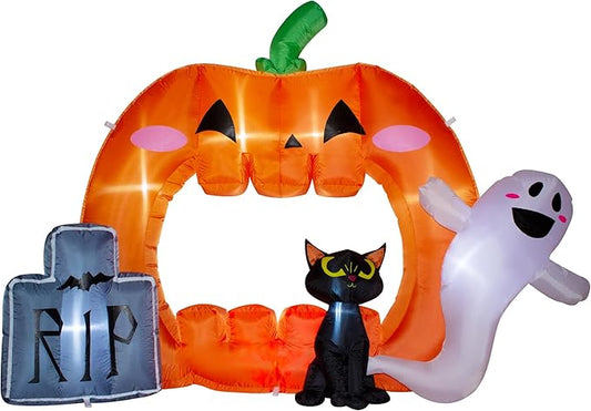 7FT Halloween Inflatable Pumpkin Photo Frame with Tombstone Black Cat White Ghost,Built-in LEDs for Halloween Blow Up Indoor Decor, Cute Fun Holiday/Party/Yard/Garden Fantasy Party Display