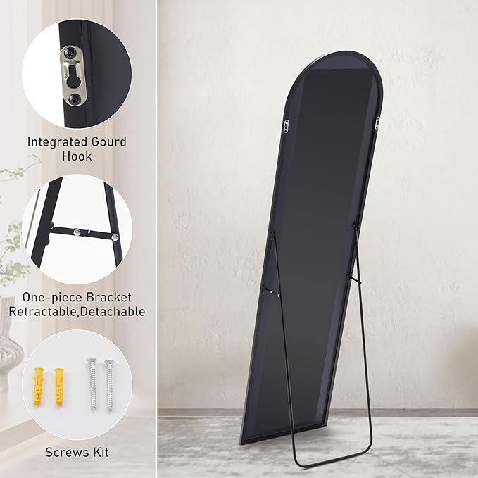 Sweetcrispy Full Length Arched Full Body Floor Mirror with Stand Aluminum Alloy Frame, Standing Hanging or Leaning Wall, 59"x16"