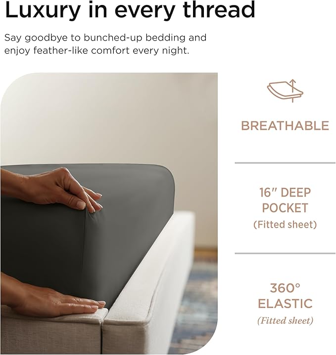 Threadmill Luxury 800 Thread Count Full Size 100% Cotton Sheets - Dark Grey Sateen Weave Bed-Sheets, Better Than Egyptian Cotton, 4 Pc Solid Bedding Set, Fits 16" Deep Pocket
