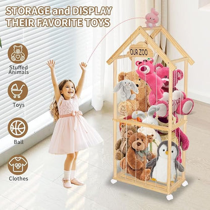 Stuffed Animal Storage Kids Plush Toy Holder Corner Large Stuff Animal Organizer Plushies Storage Creative Zoo Display Wooden Stuffy Storage Cage for Nursery Play Room Bedroom (59 inches in Length)