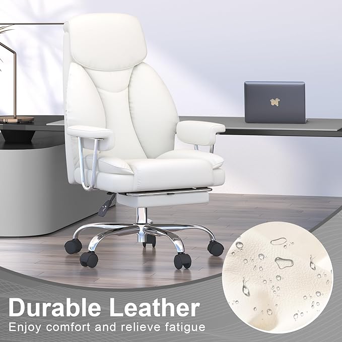 Big and Tall Office Chair, Ergonomic Leather High Back Executive Computer Desk Chair with Retractable Footrest and Padded Arms, 360°Swivel Free, 90-135°Reclining, 500lbs Wide Seat, White