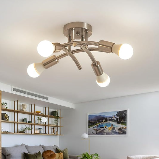 BUXVRCS Semi Flush Mount Ceiling Light Fixture, Modern Sputnik Chandelier Light Fixtures, Industrial Kitchen Light Fixtures Ceiling Mount, 4-Light Dining Room Light Fixture Bedroom (Brushed Nickel)