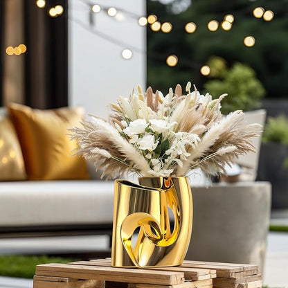 Ceramic Vases Set of 2 - Modern Vase for Nordic Minimalist Book Style Shelf Decor, Hollow Round Pampas Flower Vases for Boho Home Wedding Party Room Dinner Table Shelf Decor (Gold)