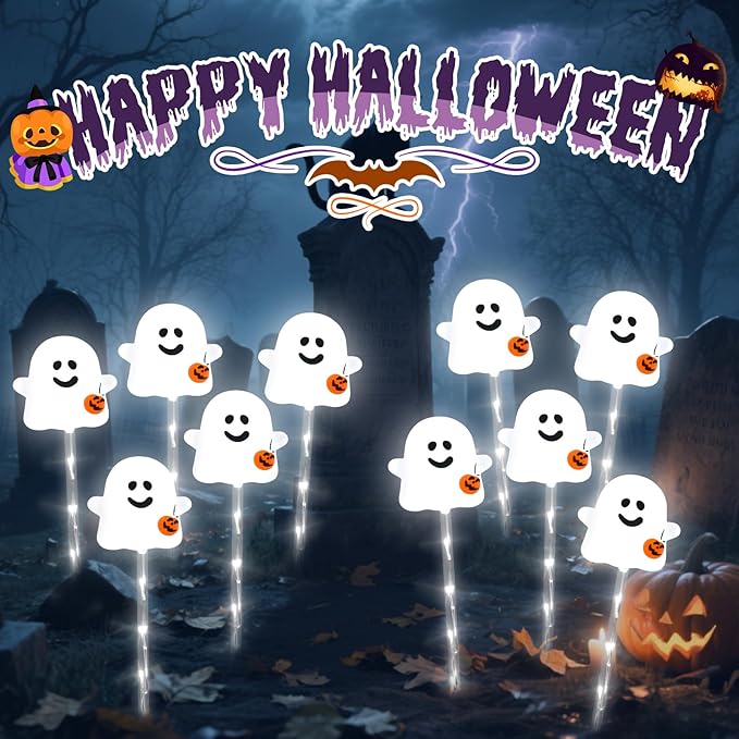Solar Halloween Ghost Pathway Lights, 10 Pack - Outdoor Ghost Stake Lights with Pumpkin Design, Solar Powered Auto-On, Waterproof Halloween Decor for Garden, Walkway, Yard, Party (Transparent)